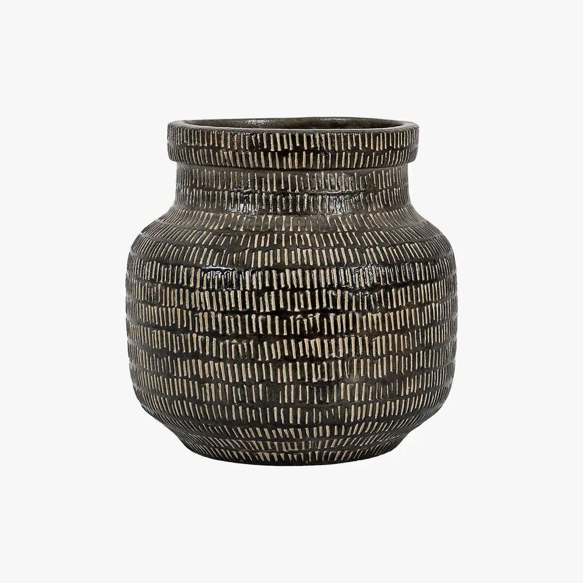 Wide Vase with Textured Lines - Black, Ceramic