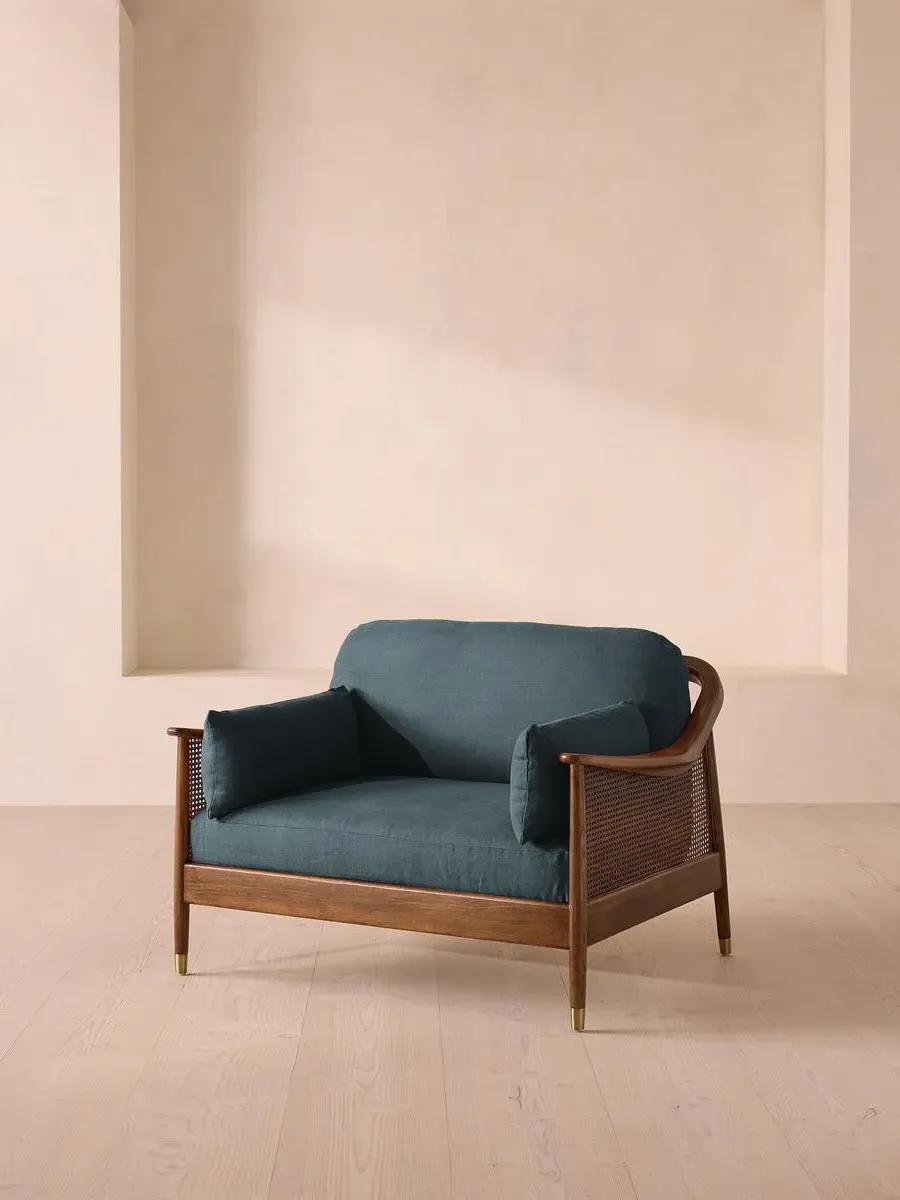 2-Seater Loveseat with Rattan Panels - Blue, Linen