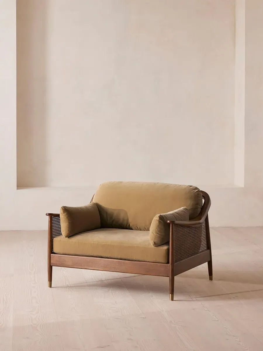 2-Seater Loveseat with Rattan Panels - Camel, Velvet