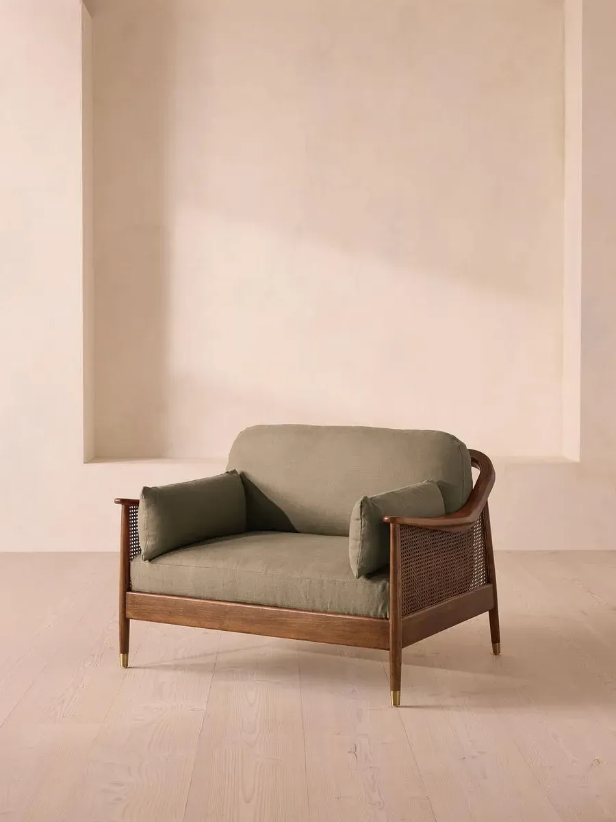 2-Seater Loveseat with Rattan Panels - Mushroom, Linen