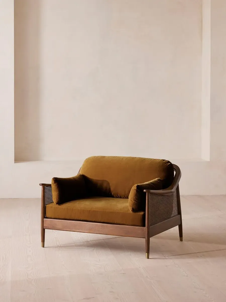 2-Seater Loveseat with Rattan Panels - Mustard, Velvet