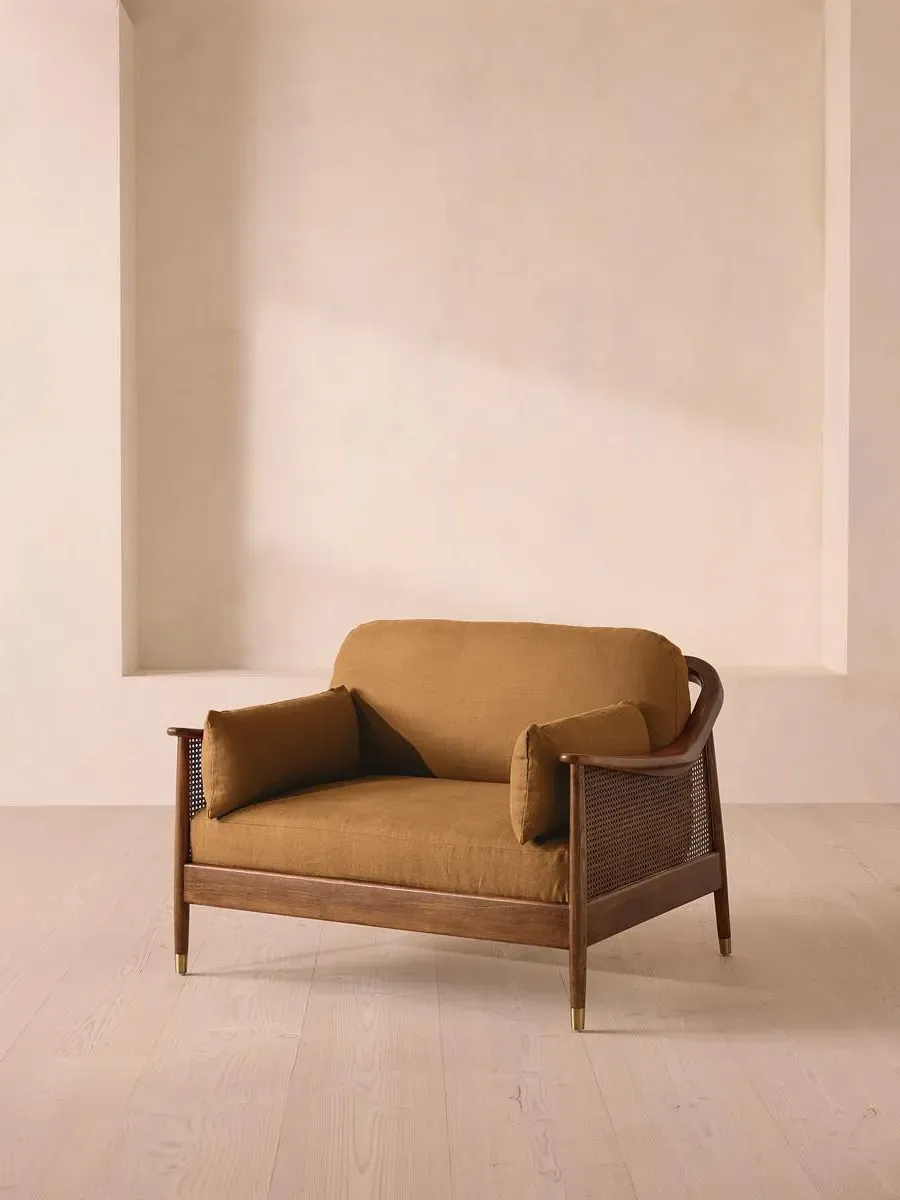 2-Seater Loveseat with Rattan Panels - Ochre, Linen