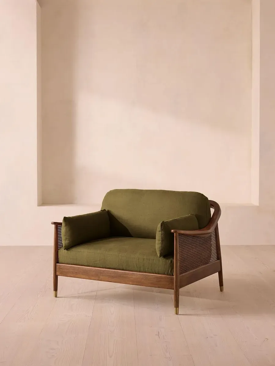 2-Seater Loveseat with Rattan Panels - Olive, Linen