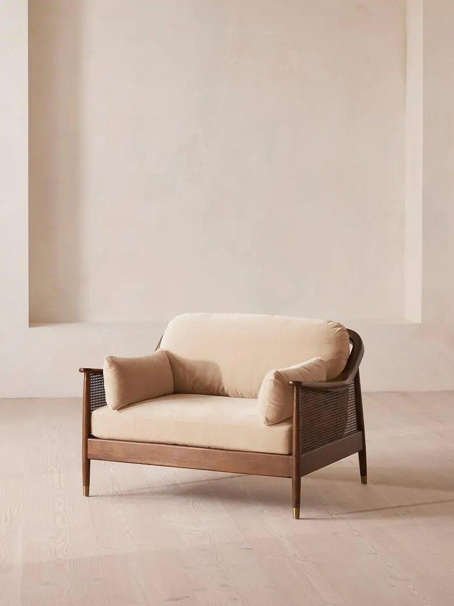 2-Seater Loveseat with Rattan Panels - Porcelain, Velvet