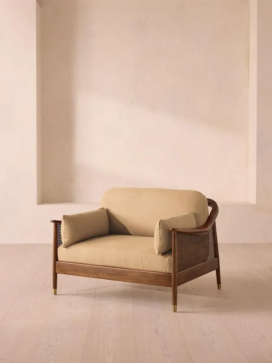 2-Seater Loveseat with Rattan Panels - Wheat, Linen
