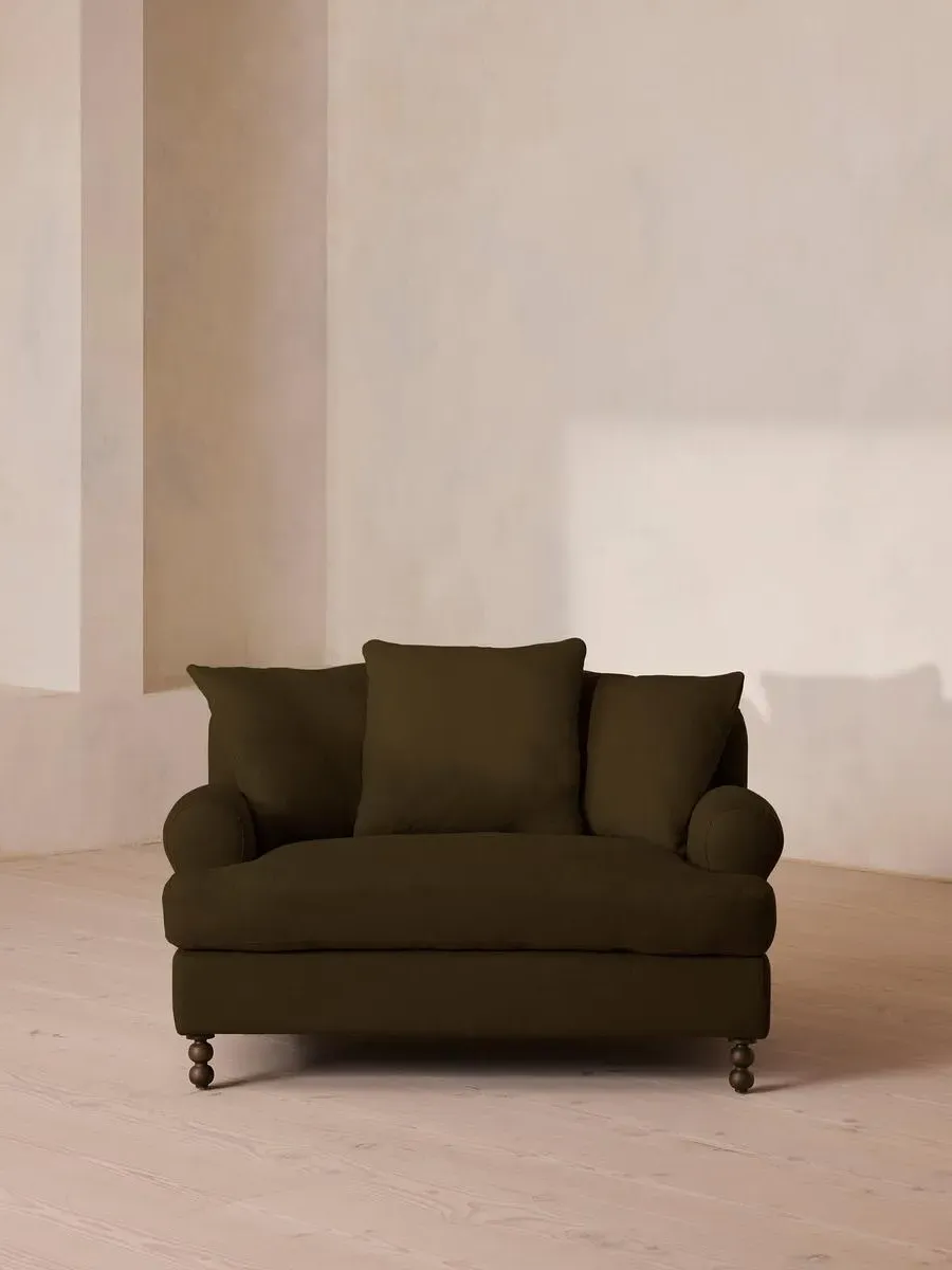 2-Seater Loveseat with Scroll Arms - Olive, Linen