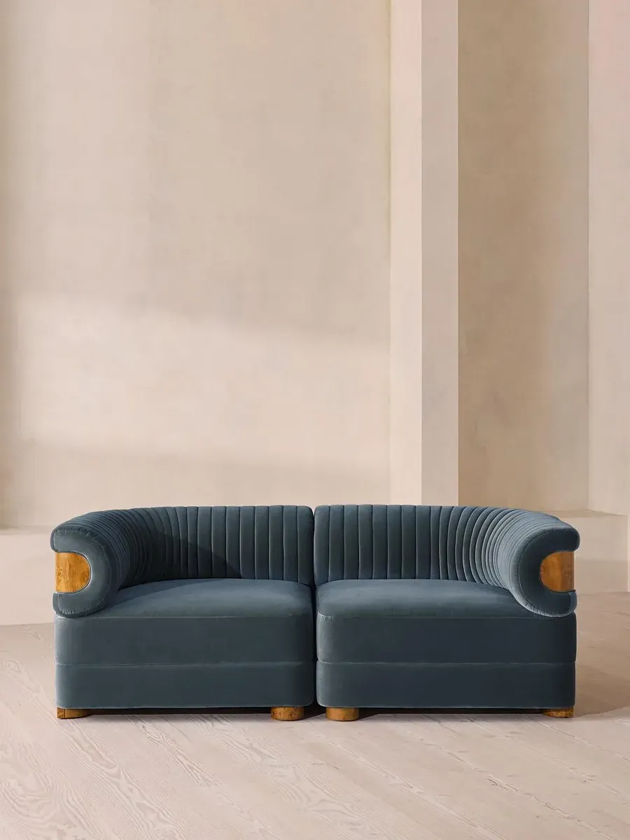3-Seater Modular Sofa with Fluted Back - Grey Blue, Velvet