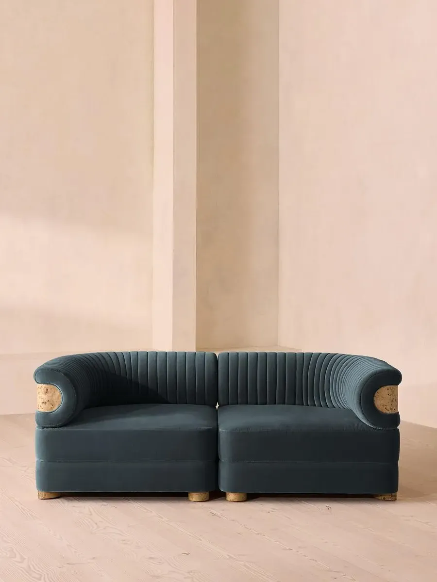 3-Seater Modular Sofa with Fluted Back - Grey Blue, Velvet