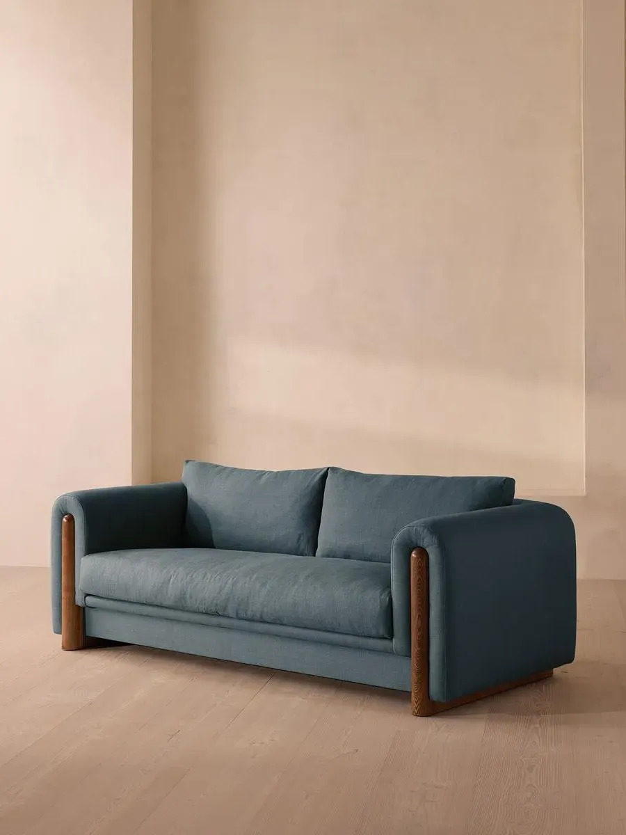 3-Seater Sofa with Curved Arms - Blue, Linen