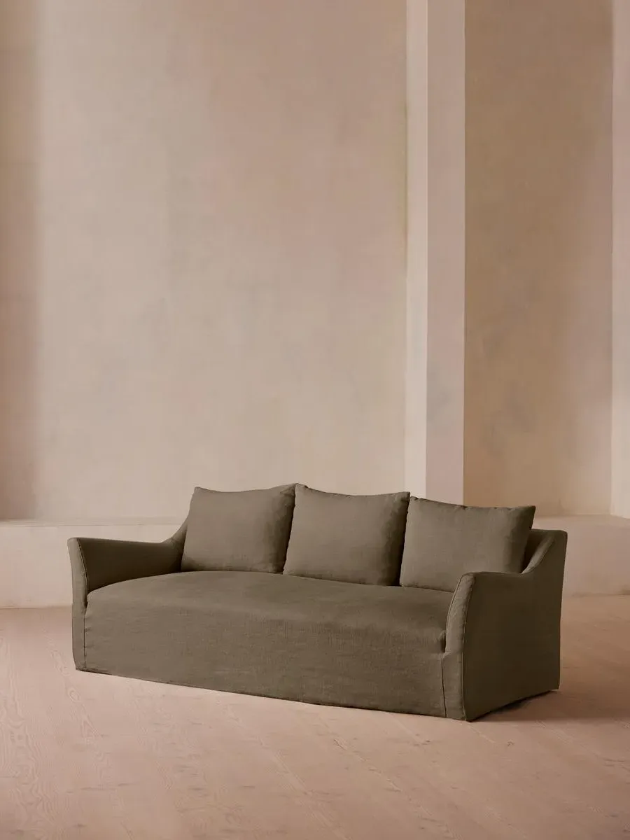 3-Seater Sofa with Flared Arms - Olive, Linen