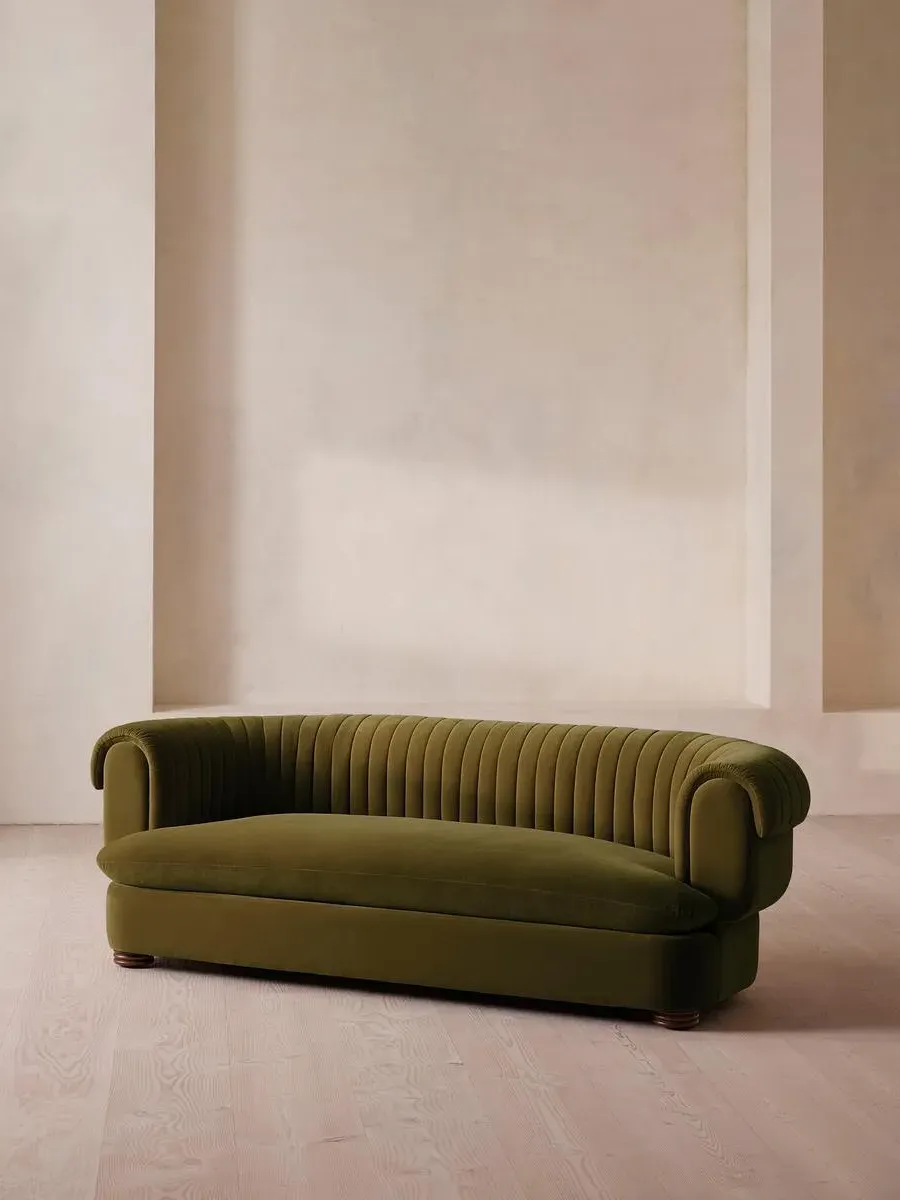3-Seater Sofa with Fluted Back - Olive, Velvet