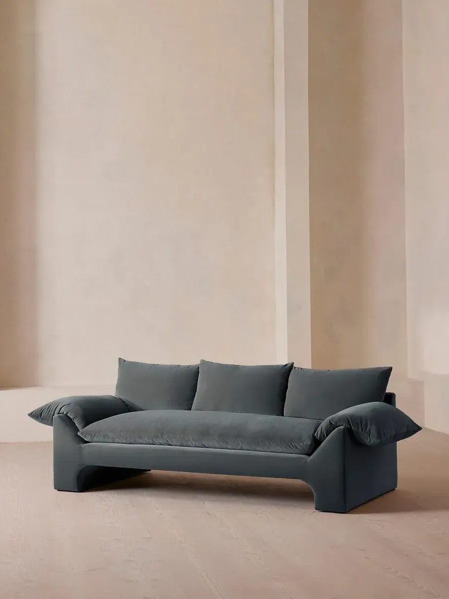 3-Seater Sofa with Plinth Base - Grey Blue, Velvet
