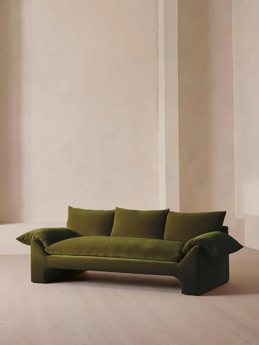 3-Seater Sofa with Plinth Base - Olive, Velvet