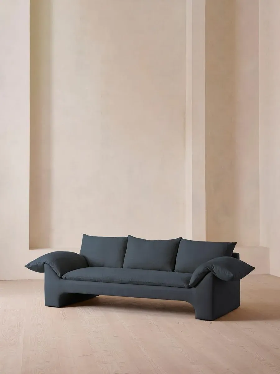 3-Seater Sofa with Plinth Base - Prussian Blue, Linen