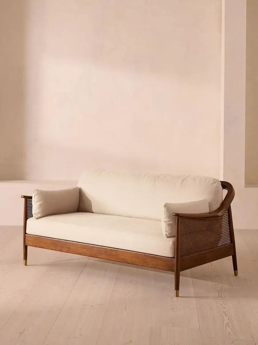 3-Seater Sofa with Rattan Panels - Bisque, Linen