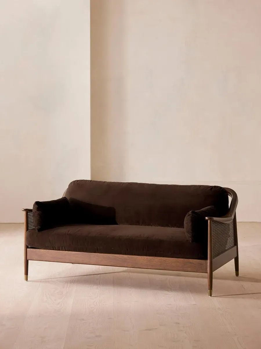 3-Seater Sofa with Rattan Panels - Brown, Velvet image