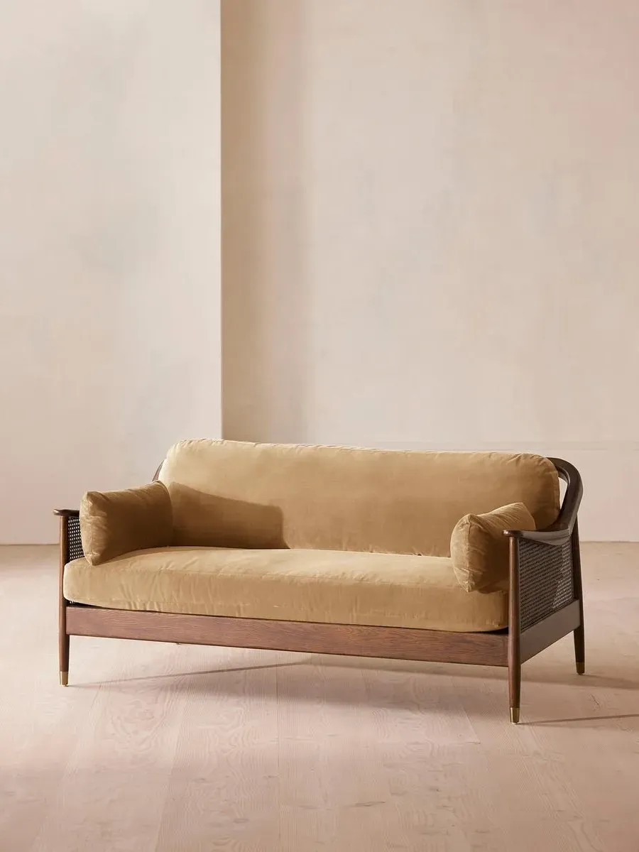 3-Seater Sofa with Rattan Panels - Camel, Velvet