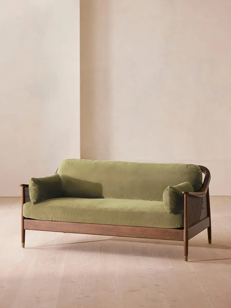 3-Seater Sofa with Rattan Panels - Green, Velvet
