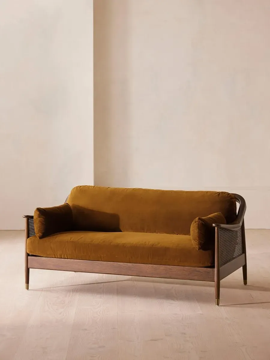 3-Seater Sofa with Rattan Panels - Mustard, Velvet