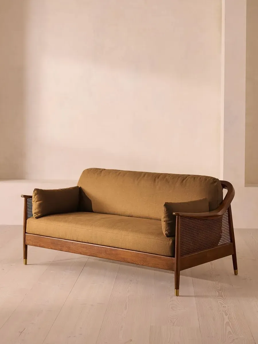 3-Seater Sofa with Rattan Panels - Ochre, Linen