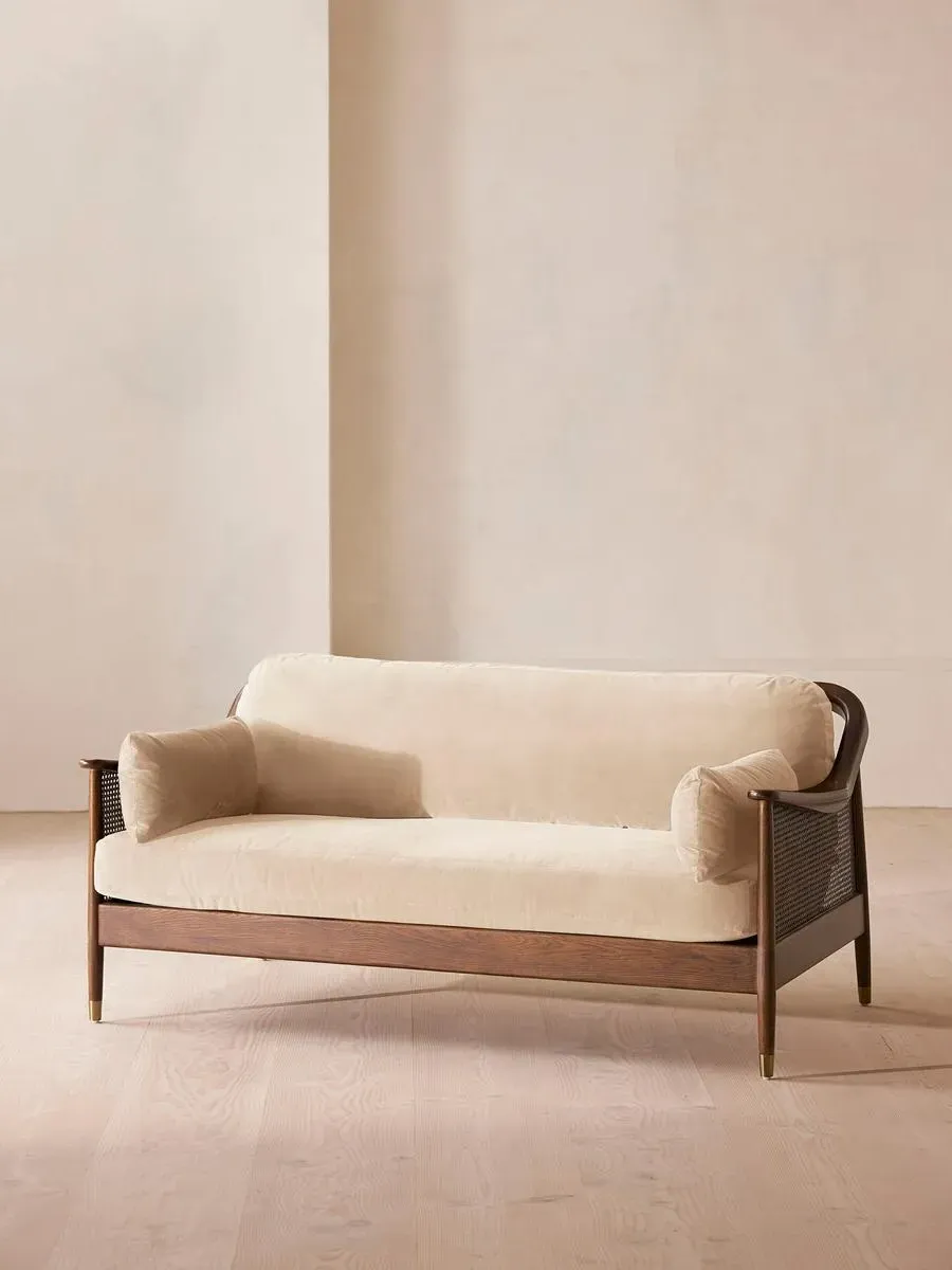3-Seater Sofa with Rattan Panels - Porcelain, Velvet