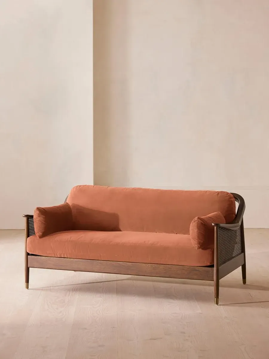 3-Seater Sofa with Rattan Panels - Rose, Velvet