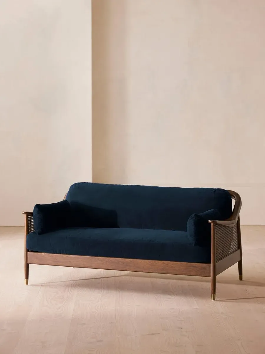 3-Seater Sofa with Rattan Panels - Royal Blue, Velvet