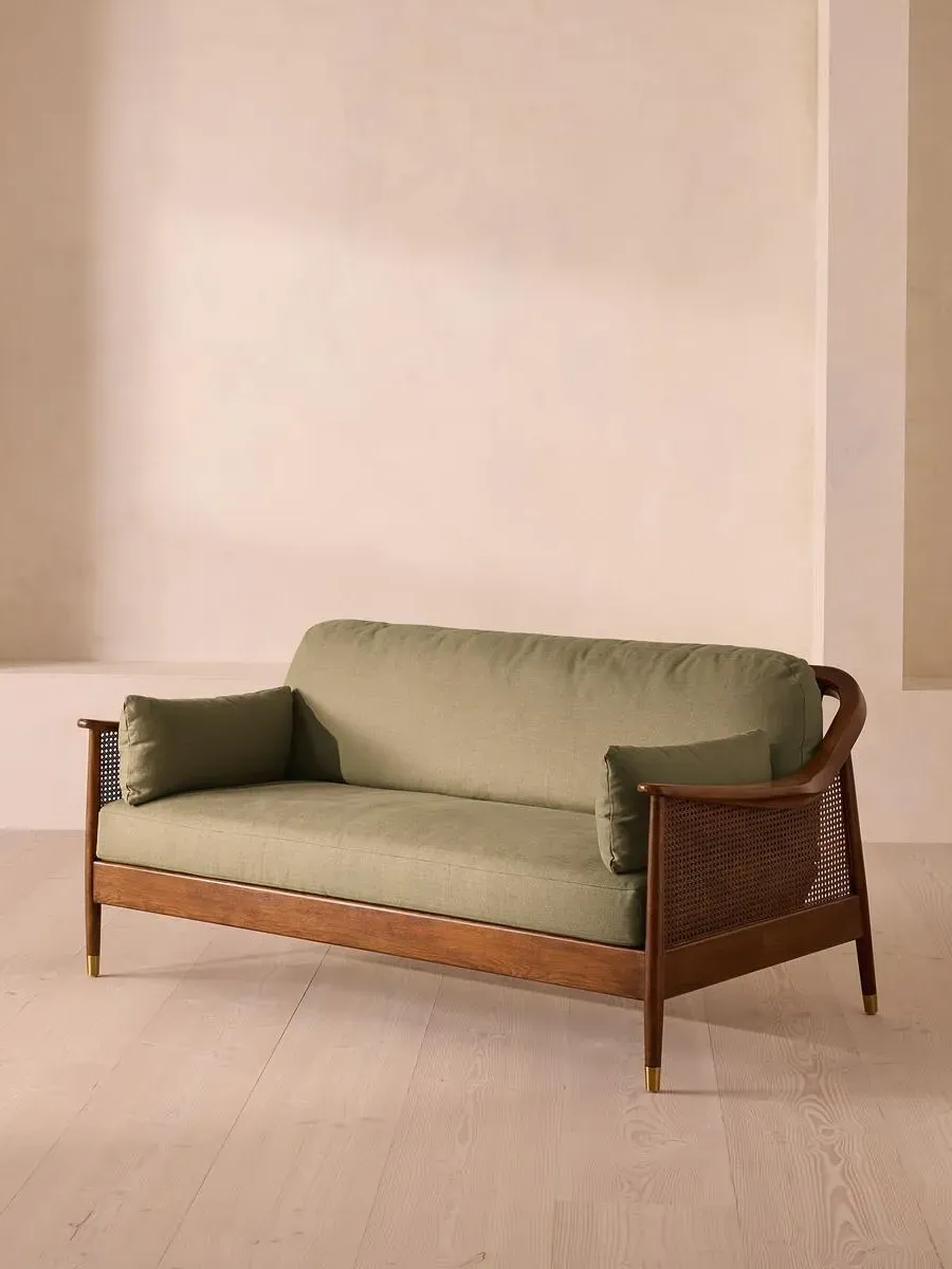 3-Seater Sofa with Rattan Panels - Sage, Linen