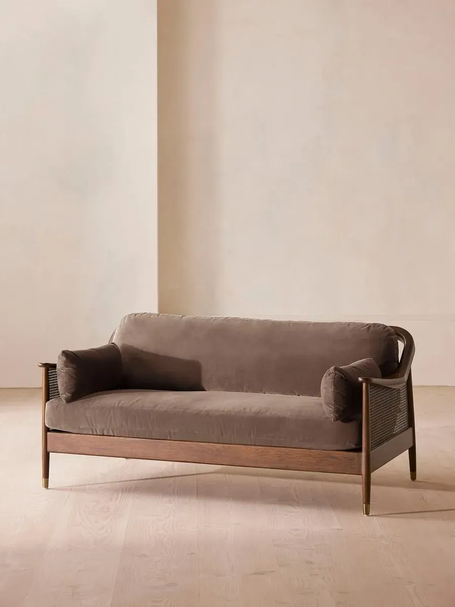 3-Seater Sofa with Rattan Panels - Taupe, Velvet
