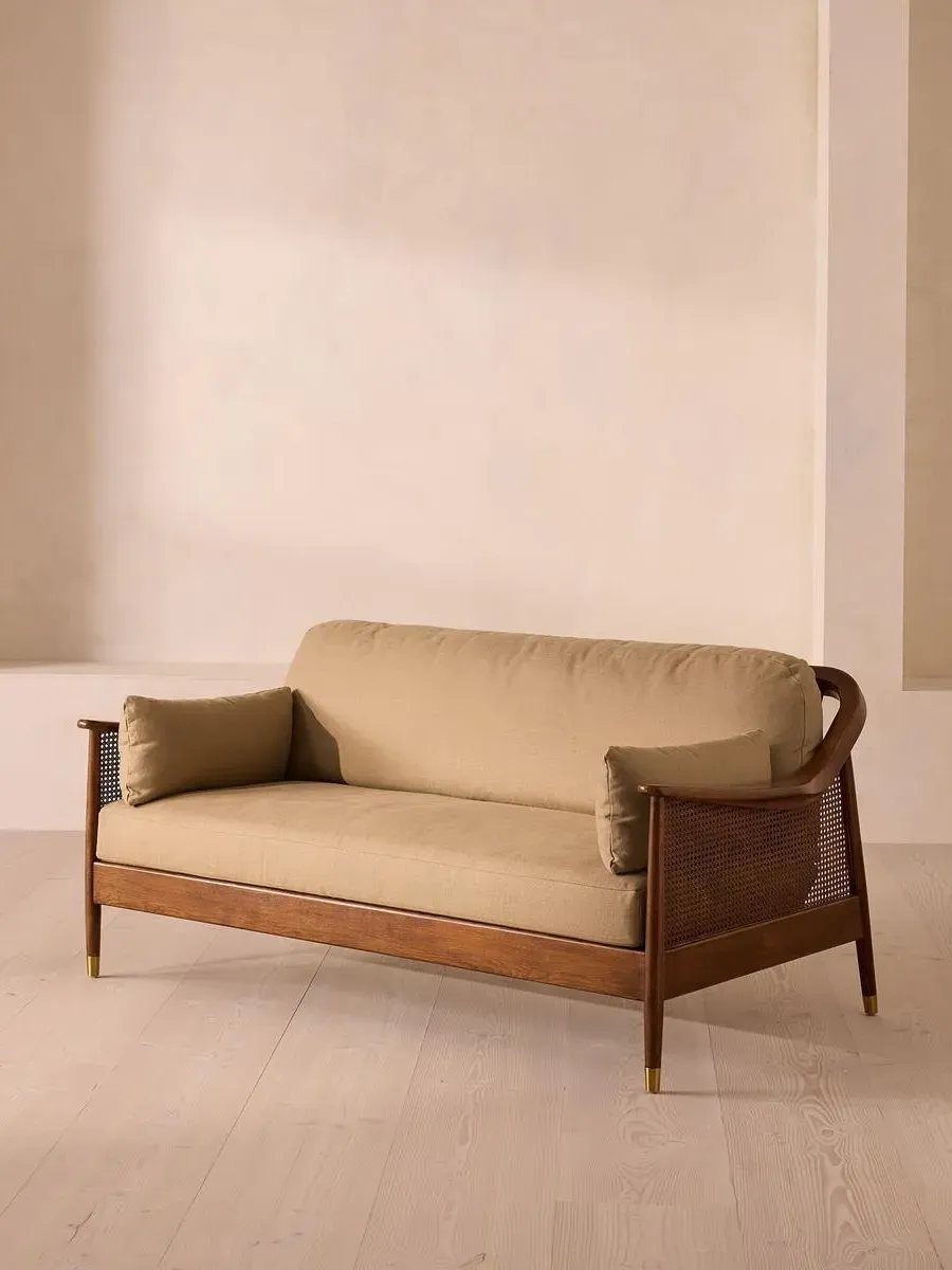 3-Seater Sofa with Rattan Panels - Wheat, Linen