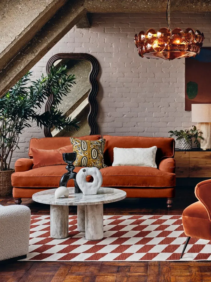 3-Seater Sofa with Roll Arms - Rust, Velvet