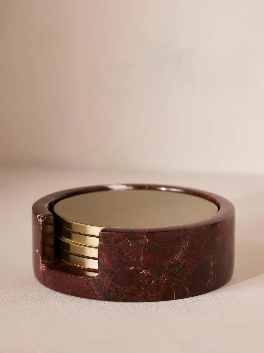 4-Piece Coaster Set with Holder - Brass, Marble image