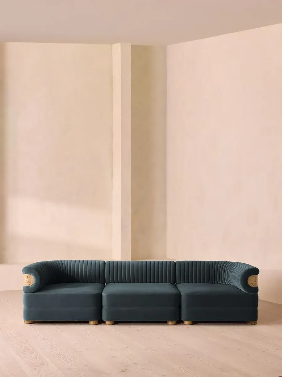 4-Seater Modular Sofa with Fluted Back - Grey Blue, Velvet