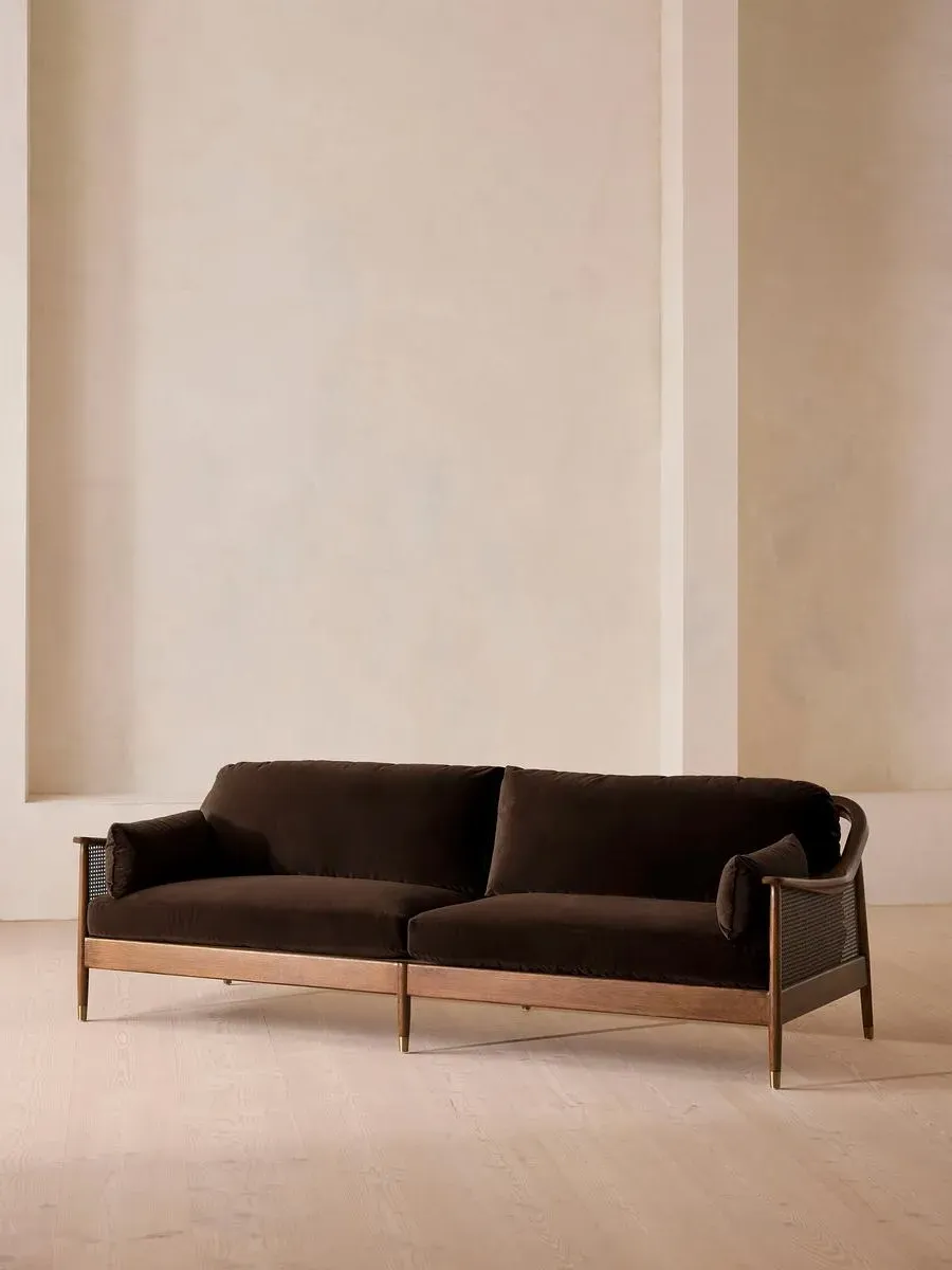 4-Seater Sofa with Rattan Panels - Brown, Velvet