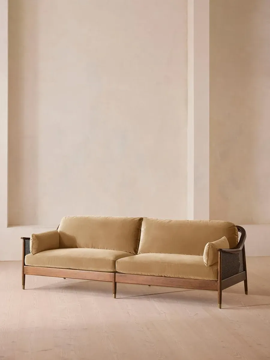 4-Seater Sofa with Rattan Panels - Camel, Velvet