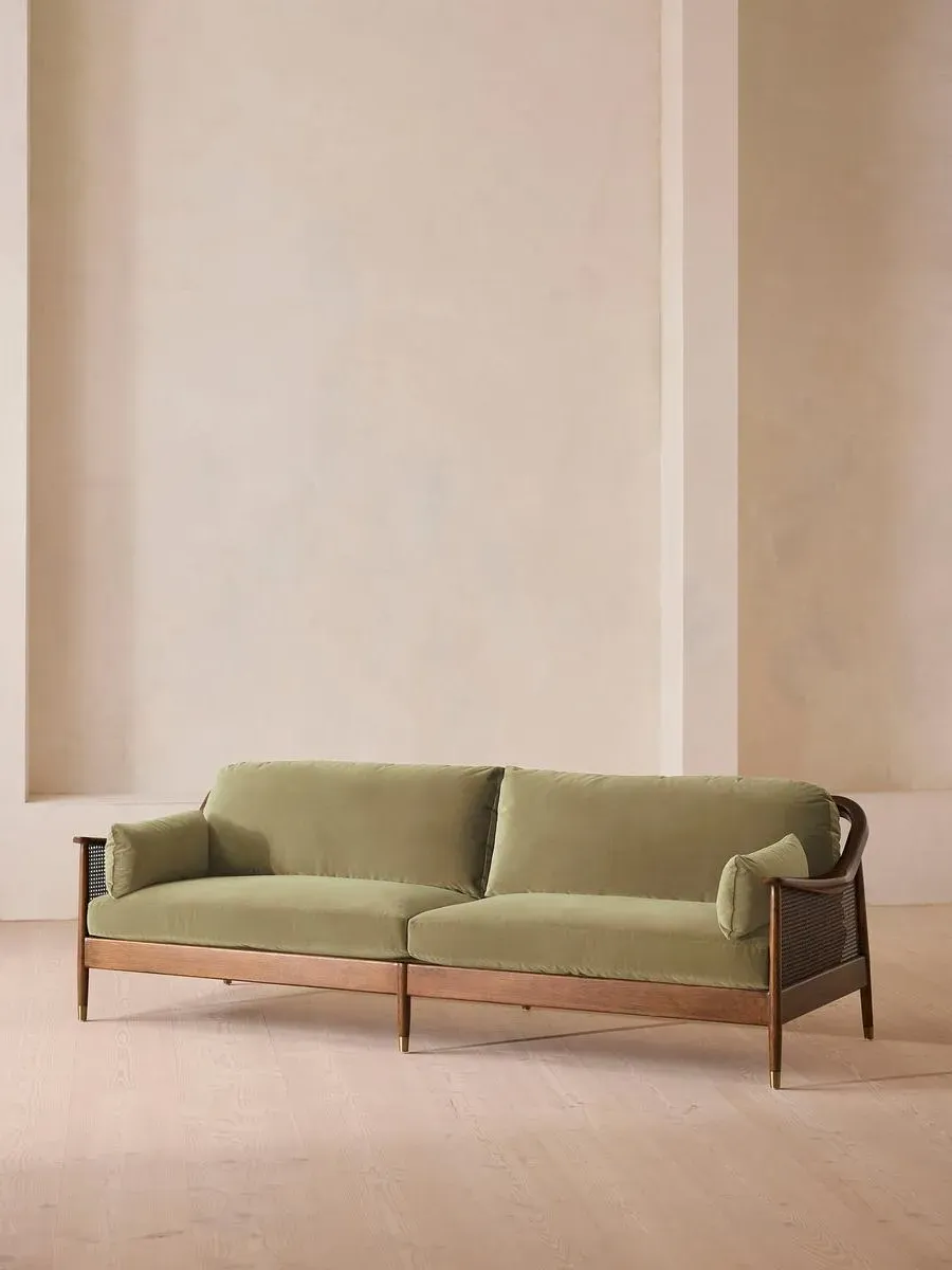 4-Seater Sofa with Rattan Panels - Green, Velvet