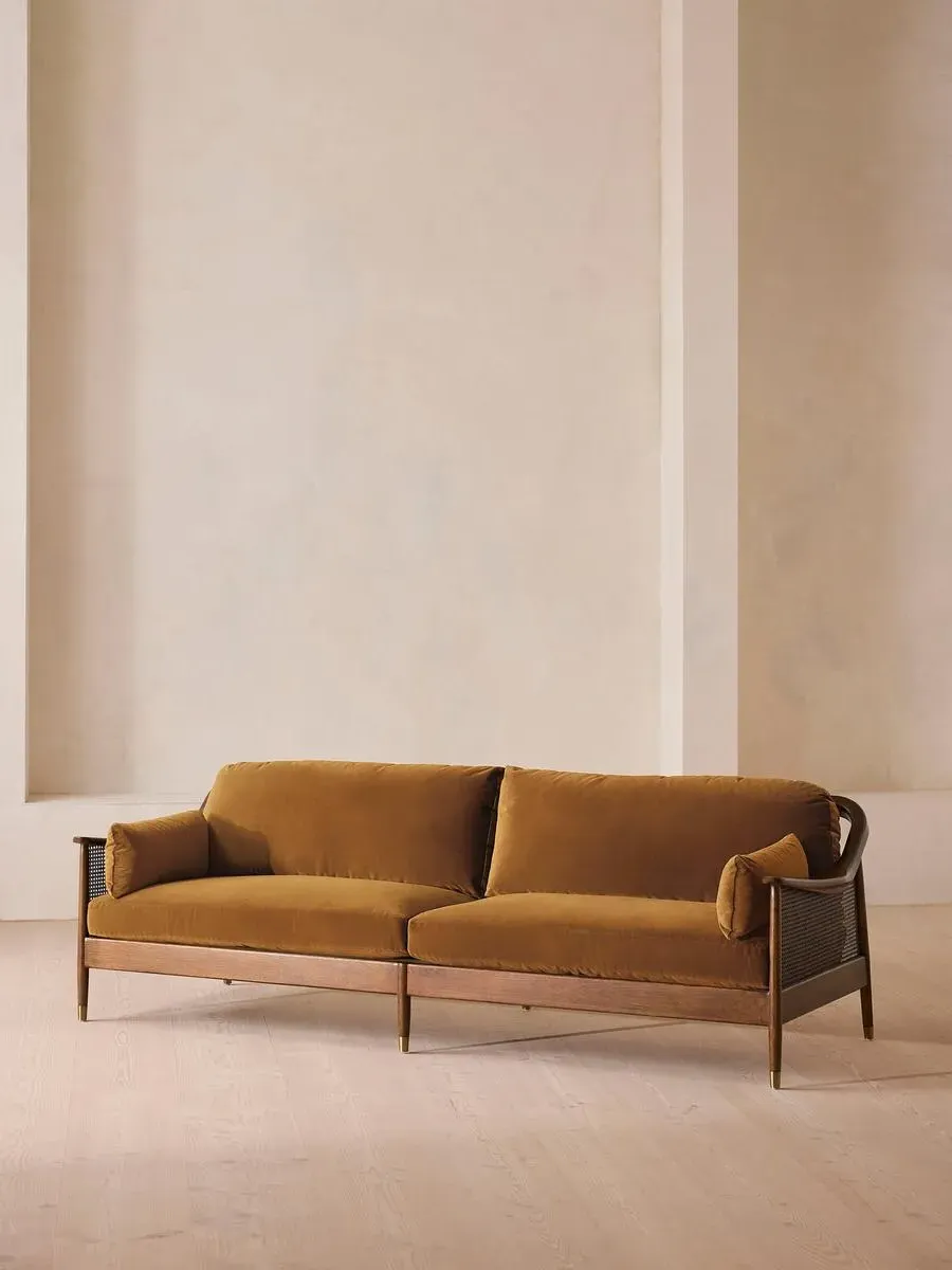 4-Seater Sofa with Rattan Panels - Mustard, Velvet