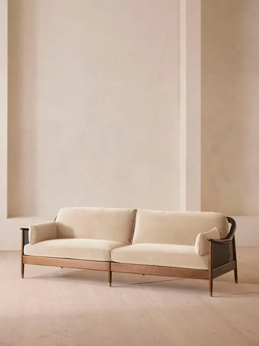 4-Seater Sofa with Rattan Panels - Porcelain, Velvet