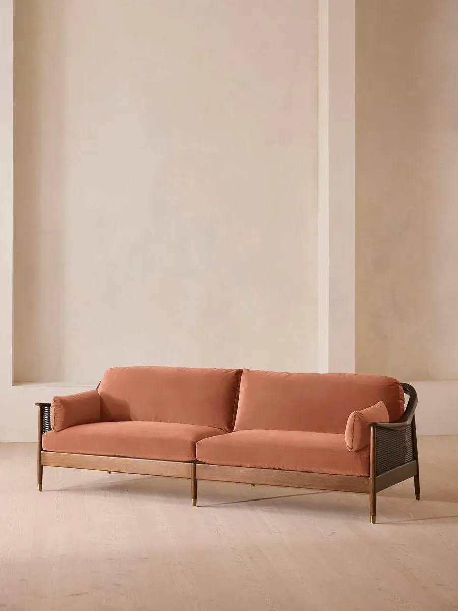 4-Seater Sofa with Rattan Panels - Rose, Velvet
