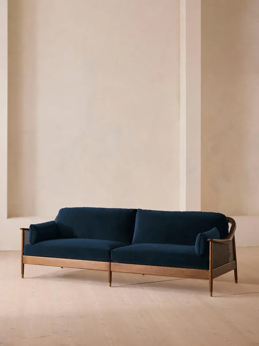 4-Seater Sofa with Rattan Panels - Royal Blue, Velvet