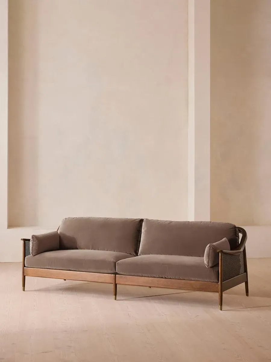 4-Seater Sofa with Rattan Panels - Taupe, Velvet