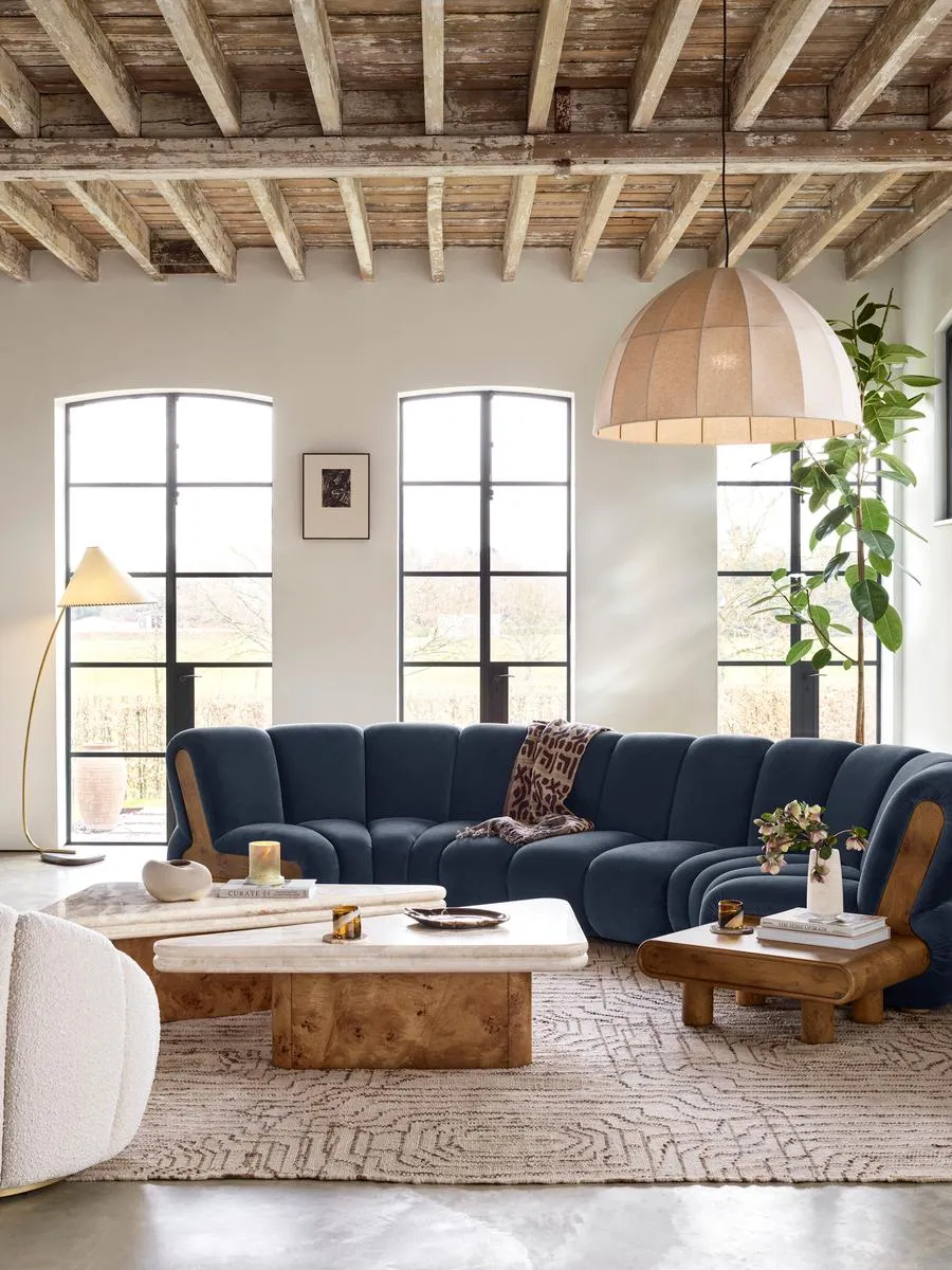 6-Seater Modular Curved Sofa - Grey Blue, Velvet