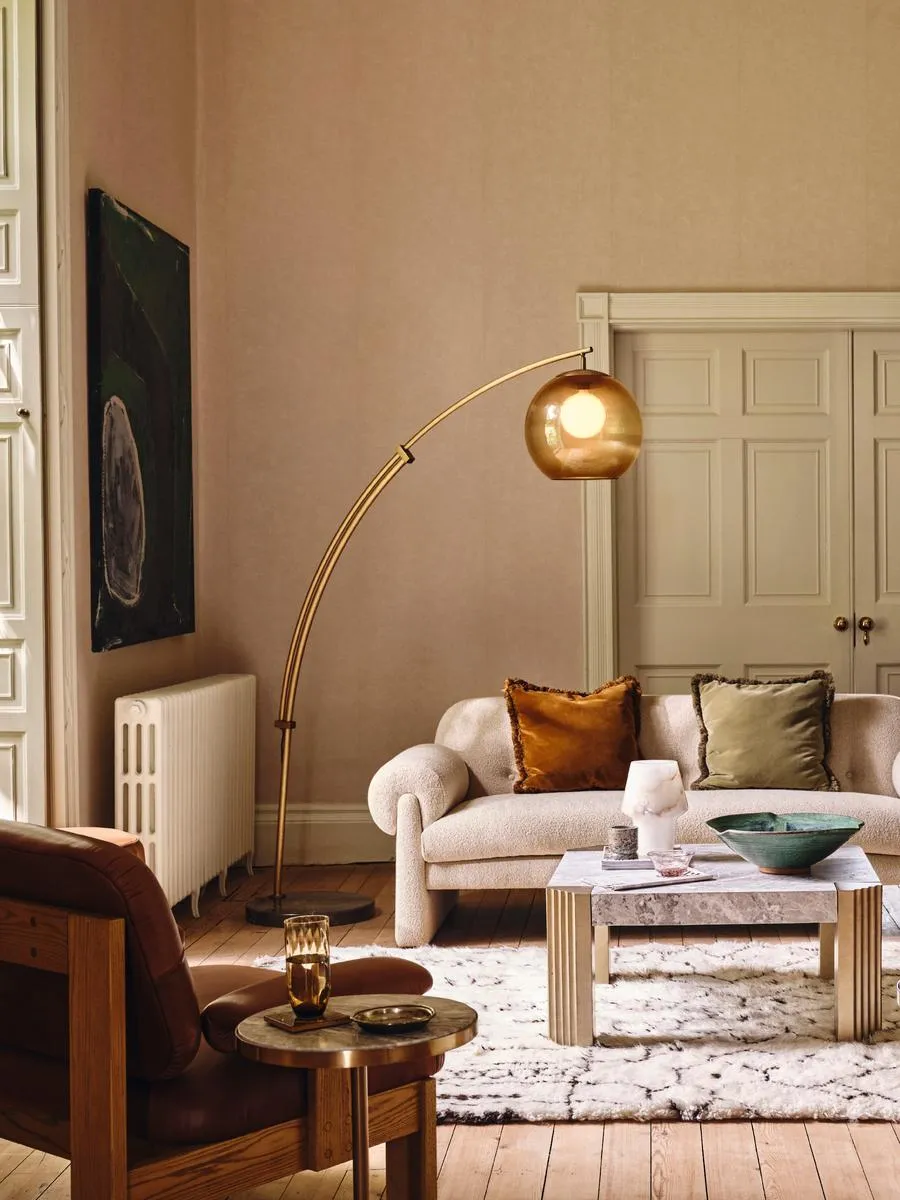 Arc Floor Lamp with Marble Base - Brass, Glass image
