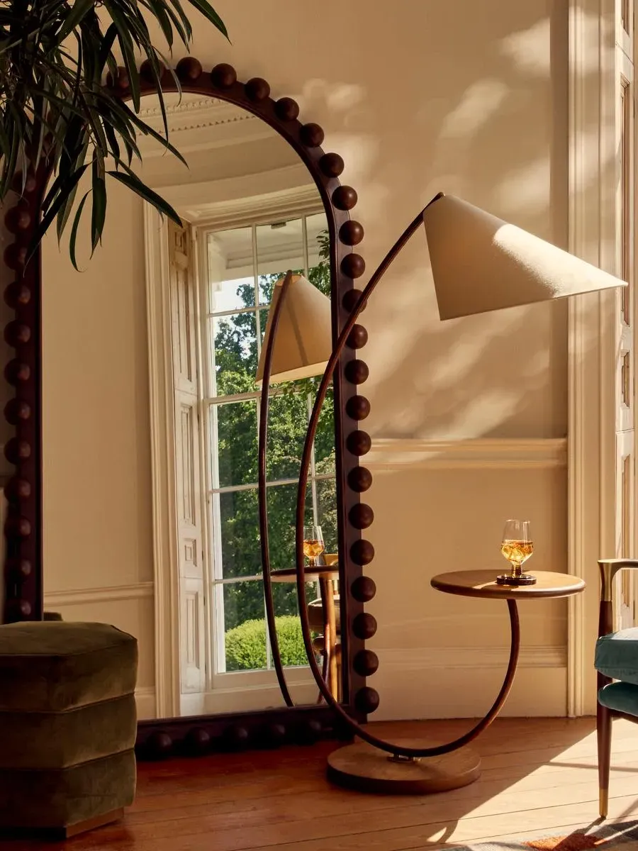 Arched Floor Lamp with Side Table - Oak, Leather image
