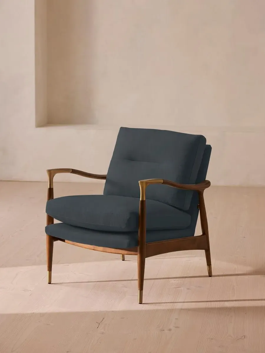 Armchair with Brass Details - Prussian Blue, Linen