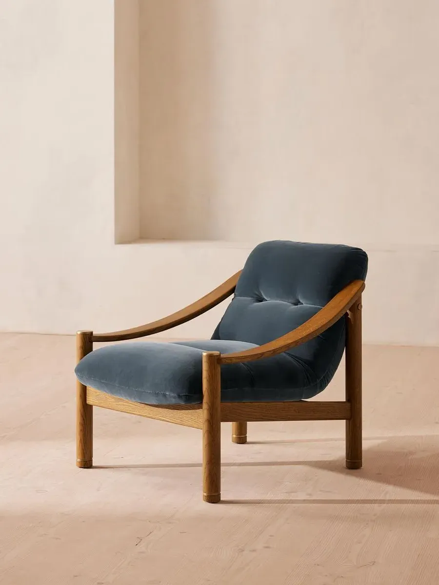 Armchair with Button Detail - Grey Blue, Velvet