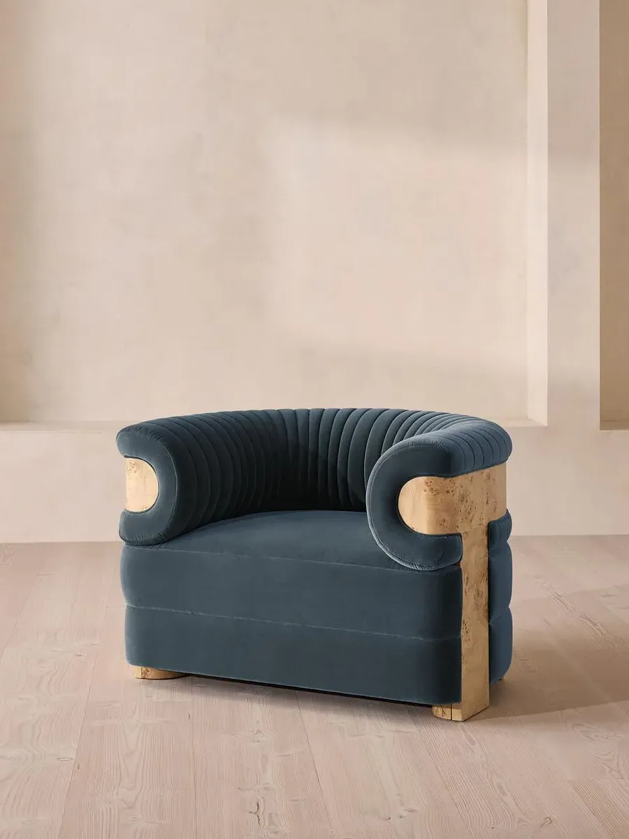 Armchair with Fluted Design - Blue, Velvet