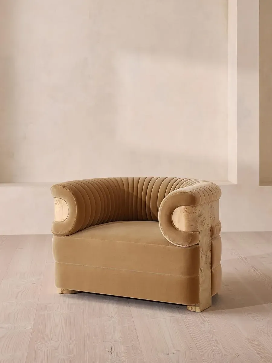 Armchair with Fluted Design - Camel, Velvet