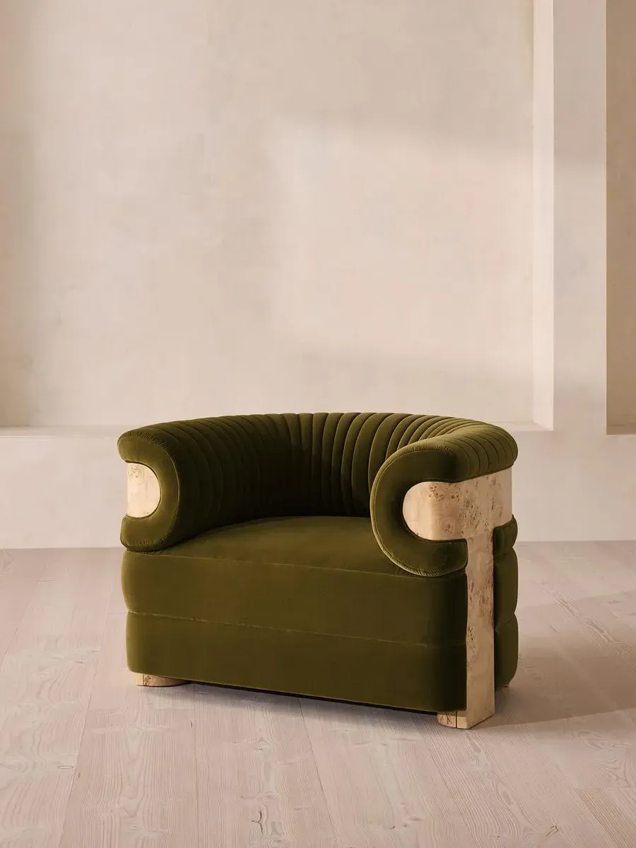 Armchair with Fluted Design - Olive, Velvet
