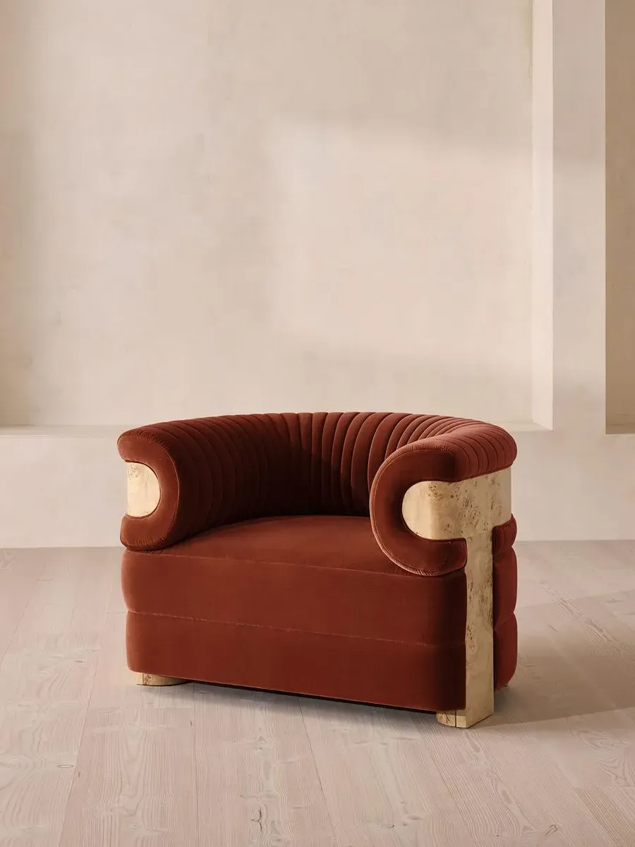 Armchair with Fluted Design - Rust, Velvet